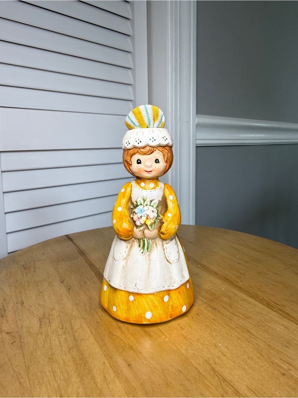 Vintage Girl Figurine Orange Polkadot Dress Pin Cushion / Tape Measure Japan